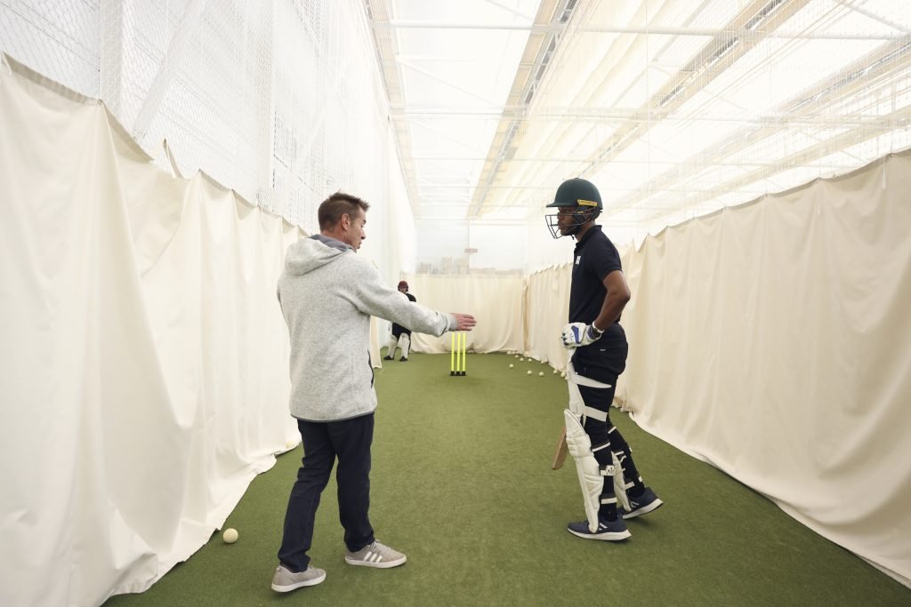 LOUGHBOROUGH - FEBRUARY 12, 2022; ACE participants play cricket with Jofra Archer of England, and ex players Ian Ward and Charlotte Edwards at the ECB National Performance Centre in Loghborough, England.